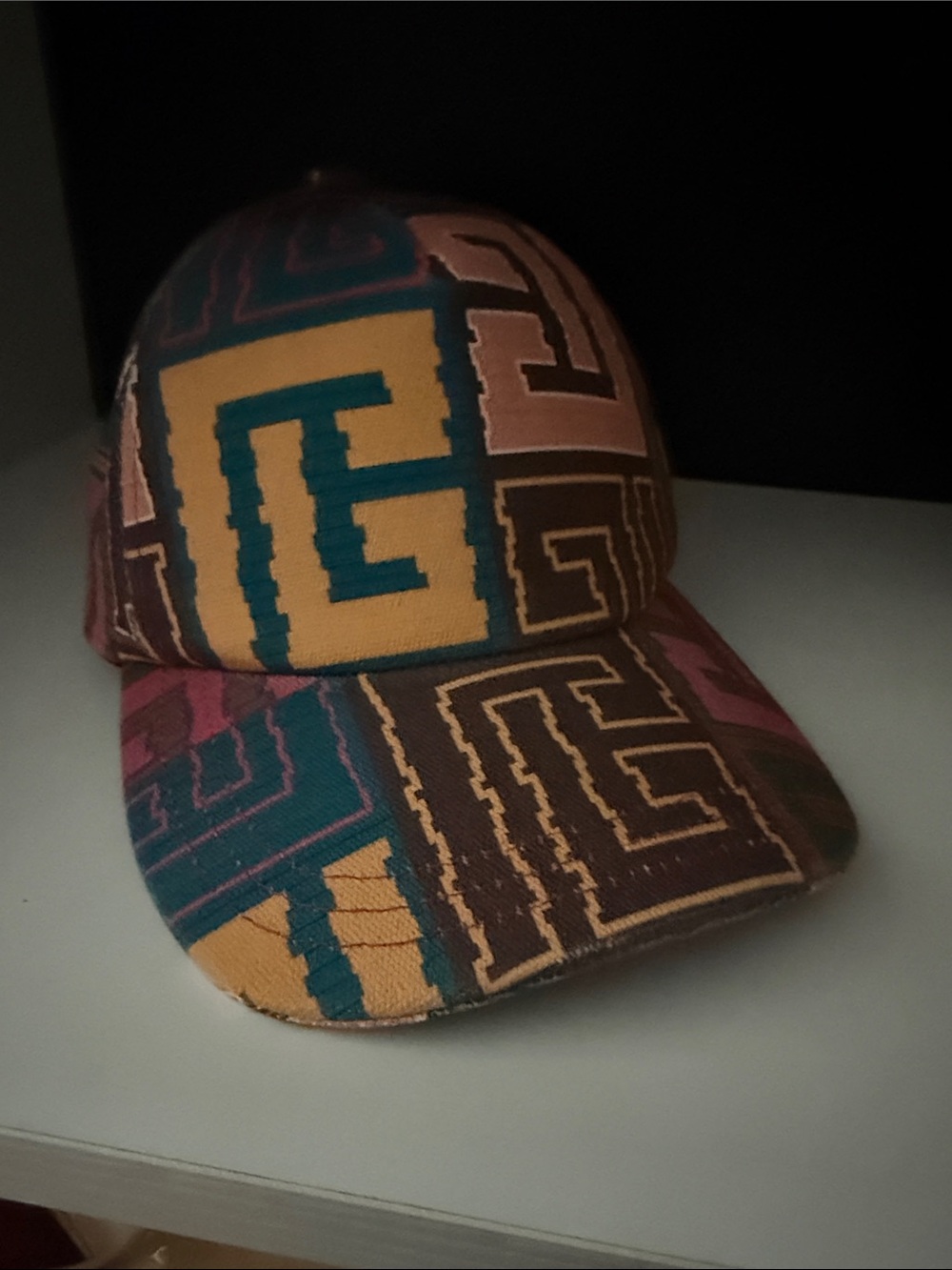 Balmain Multicolor Patterned Baseball Cap — Brown, Teal, Mustard, Pink